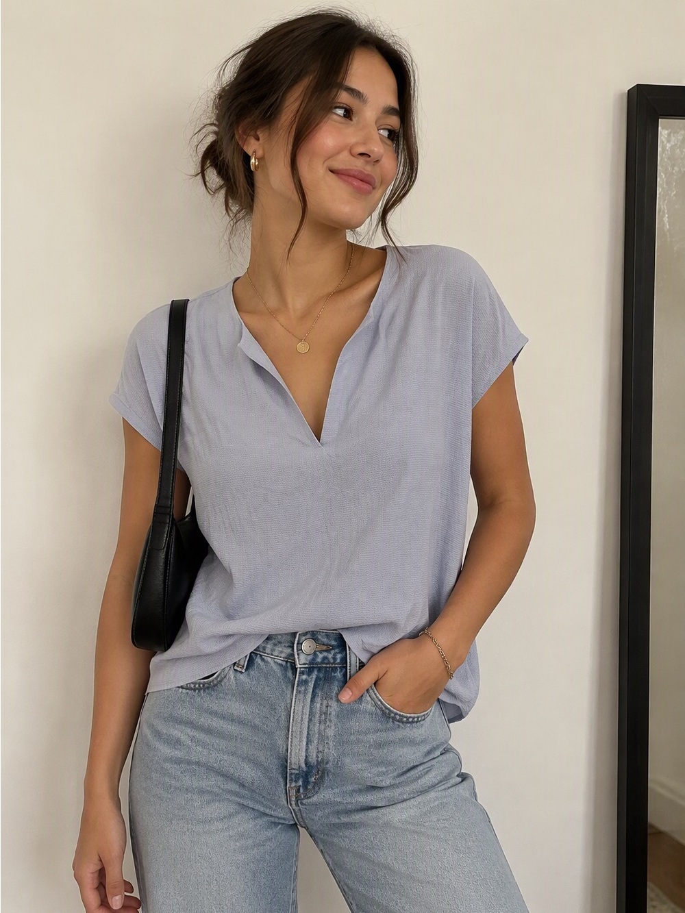 Forever 21 Light Blue Split-Neck Short Sleeve Top